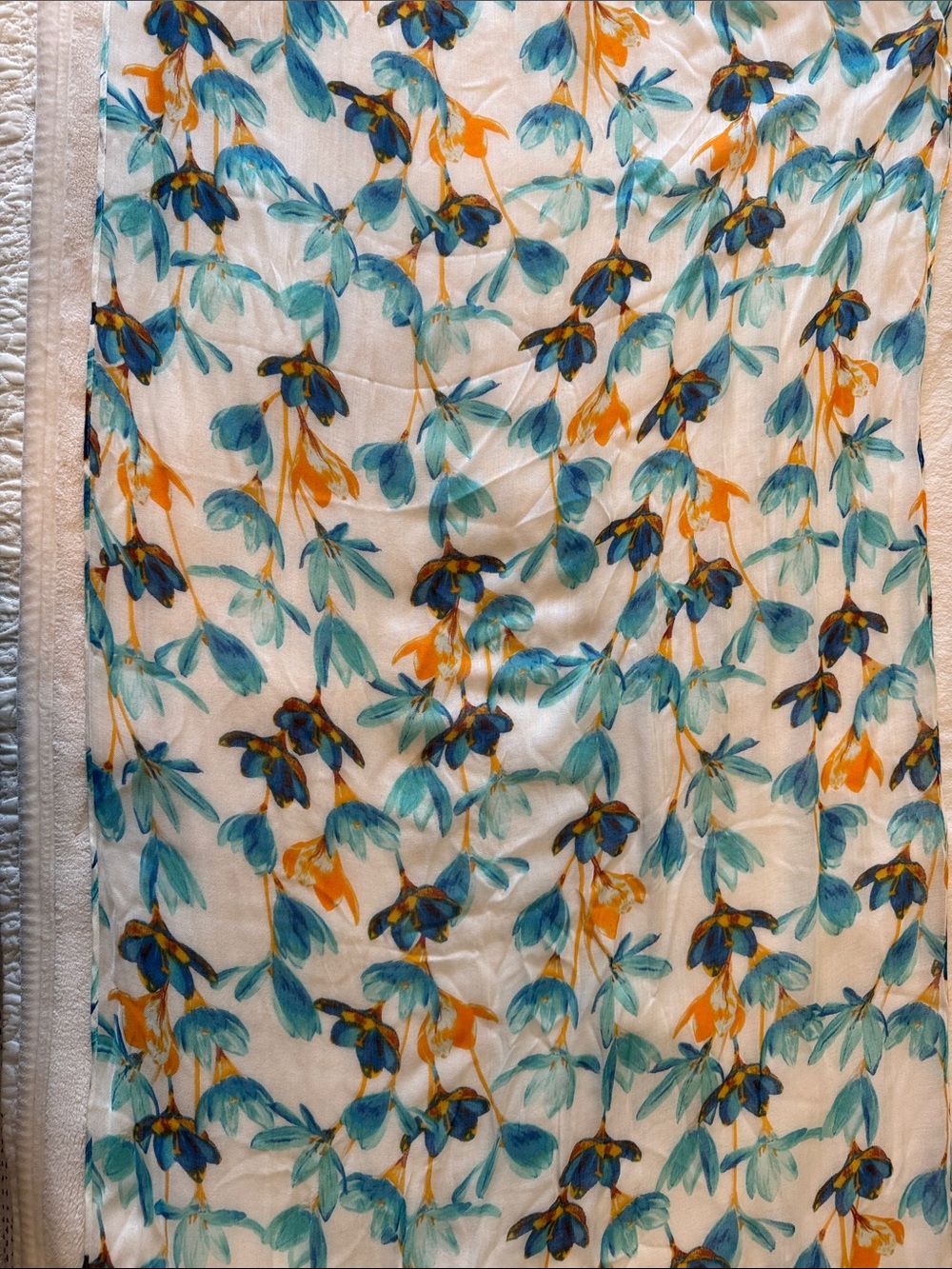 Lands' End Floral Vine Scarf in Teal and Mustard on Cream